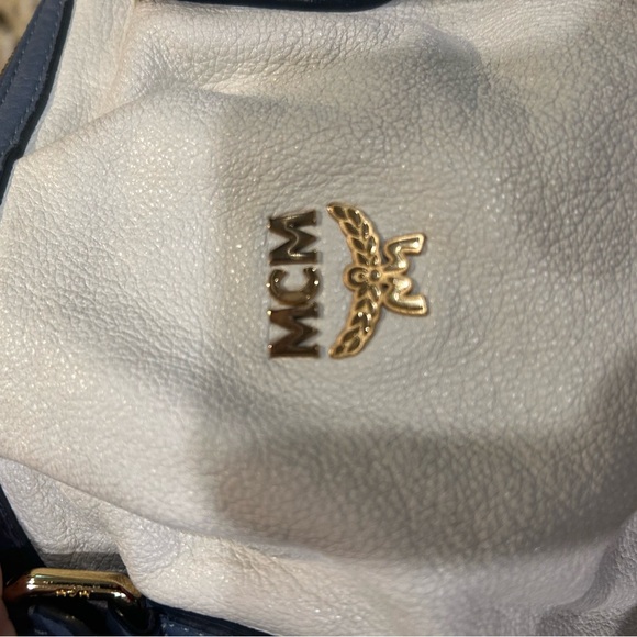 MCM Munich Leather Satchel Top Handle Bag Cream Blue Gold Hardware - Picture 13 of 13